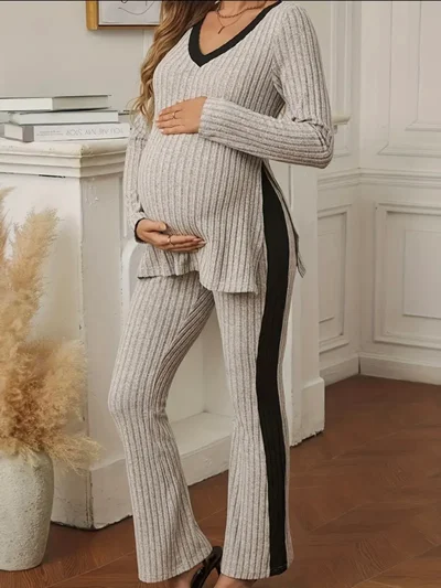 لباس بارداری با رنگ‌های متضاد، ست دو تکه بافتنی،مدل LM5113910