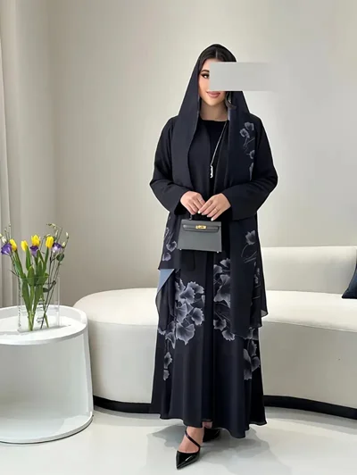 ست عبای طرح گلدار مشکی مدل LL3748263
