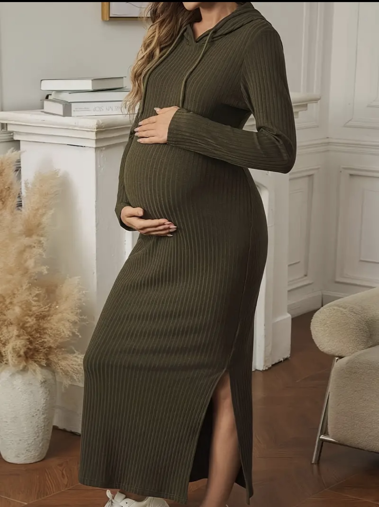 لباس ماکسی بافتنی راه راه سبز زیتونی با کلاه برای زنان باردار مدل JH5096443