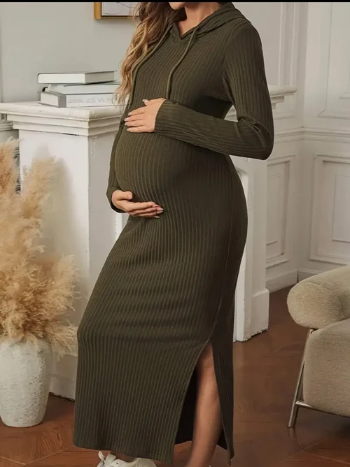 لباس ماکسی بافتنی راه راه سبز زیتونی با کلاه برای زنان باردار مدل JH5096443